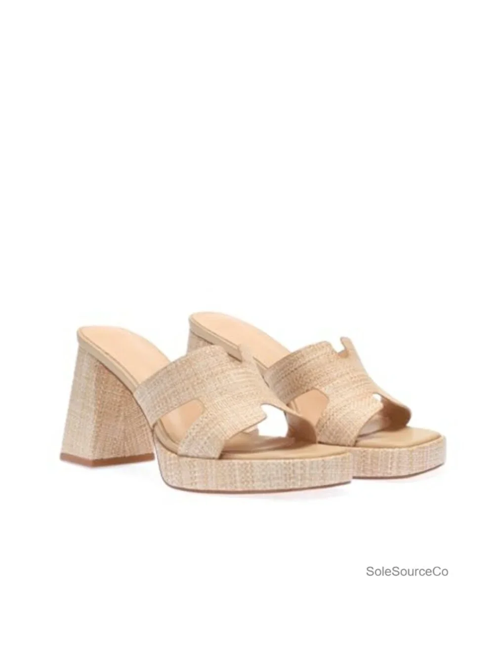 Natural Raffia Heeled Sandals, Platform Wedge Slip On Block Heel, Dressy Summer